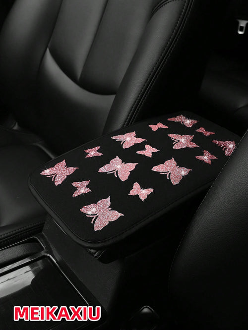 1pc MEIKAXIU Gorgeous Glitter Butterfly Fabric Waterproof Car Armrest Box Pad, 12.6" X 7.5", Auto Accessories For Women