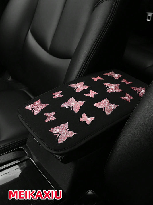 1pc MEIKAXIU Gorgeous Glitter Butterfly Fabric Waterproof Car Armrest Box Pad, 12.6" X 7.5", Auto Accessories For Women