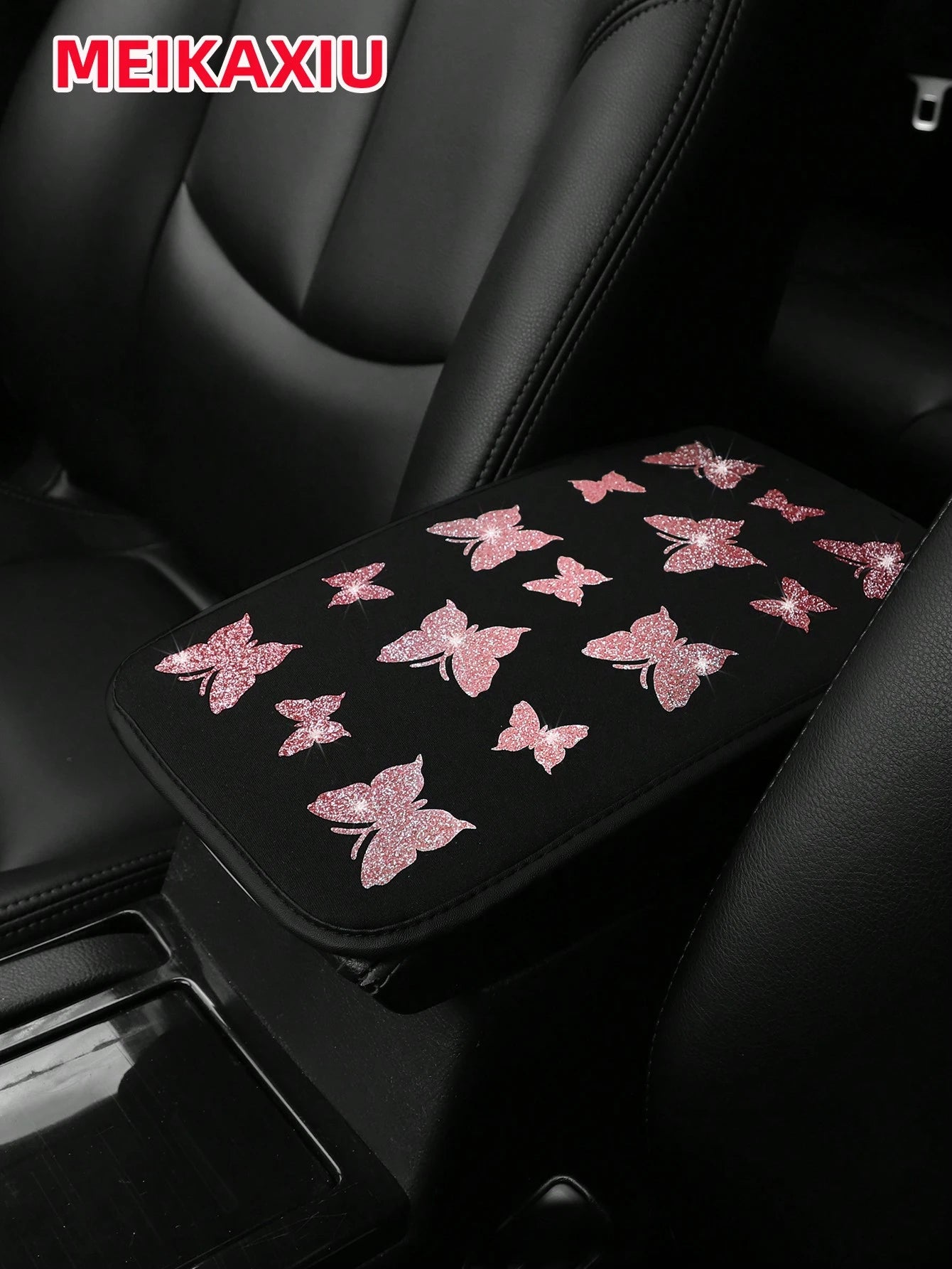 1pc MEIKAXIU Gorgeous Glitter Butterfly Fabric Waterproof Car Armrest Box Pad, 12.6" X 7.5", Auto Accessories For Women