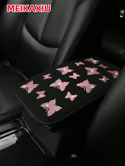 1pc MEIKAXIU Gorgeous Glitter Butterfly Fabric Waterproof Car Armrest Box Pad, 12.6" X 7.5", Auto Accessories For Women