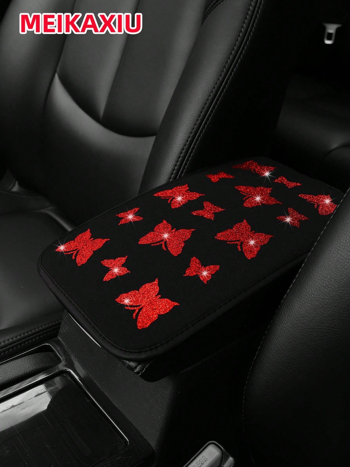 1pc MEIKAXIU Gorgeous Glitter Butterfly Fabric Waterproof Car Armrest Box Pad, 12.6" X 7.5", Auto Accessories For Women