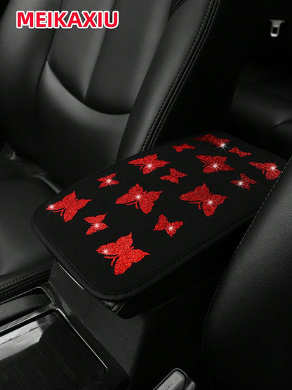 1pc MEIKAXIU Gorgeous Glitter Butterfly Fabric Waterproof Car Armrest Box Pad, 12.6" X 7.5", Auto Accessories For Women