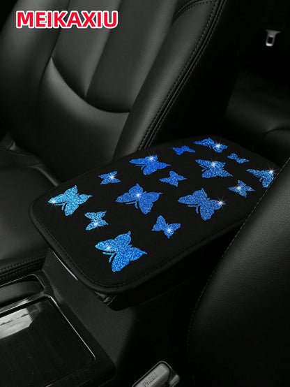 1pc MEIKAXIU Gorgeous Glitter Butterfly Fabric Waterproof Car Armrest Box Pad, 12.6" X 7.5", Auto Accessories For Women