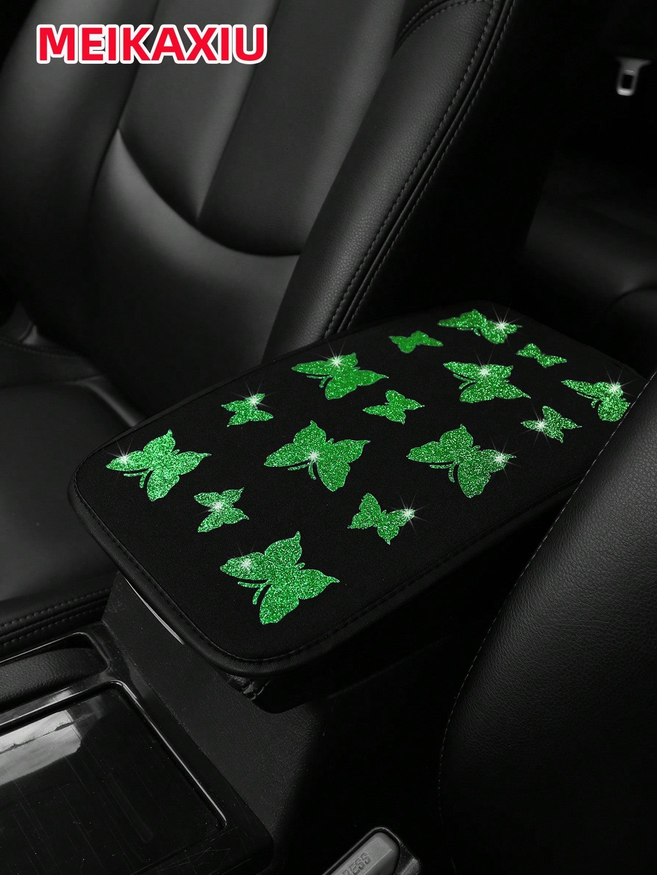 1pc MEIKAXIU Gorgeous Glitter Butterfly Fabric Waterproof Car Armrest Box Pad, 12.6" X 7.5", Auto Accessories For Women