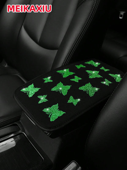 1pc MEIKAXIU Gorgeous Glitter Butterfly Fabric Waterproof Car Armrest Box Pad, 12.6" X 7.5", Auto Accessories For Women