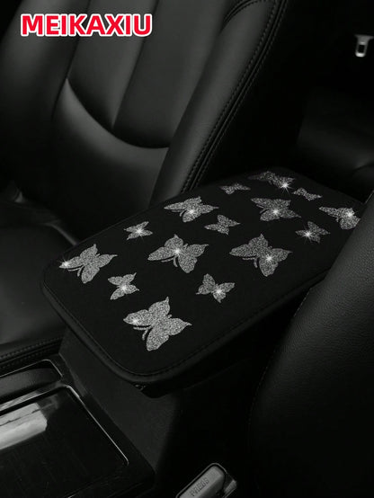 1pc MEIKAXIU Gorgeous Glitter Butterfly Fabric Waterproof Car Armrest Box Pad, 12.6" X 7.5", Auto Accessories For Women