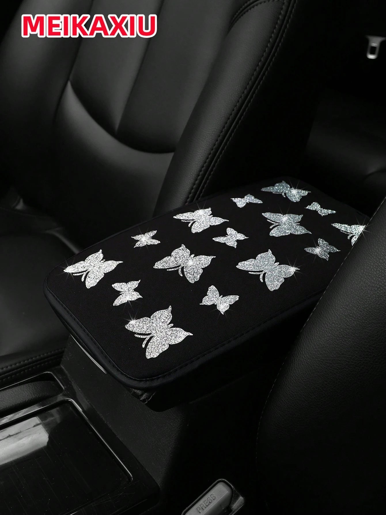 1pc MEIKAXIU Gorgeous Glitter Butterfly Fabric Waterproof Car Armrest Box Pad, 12.6" X 7.5", Auto Accessories For Women
