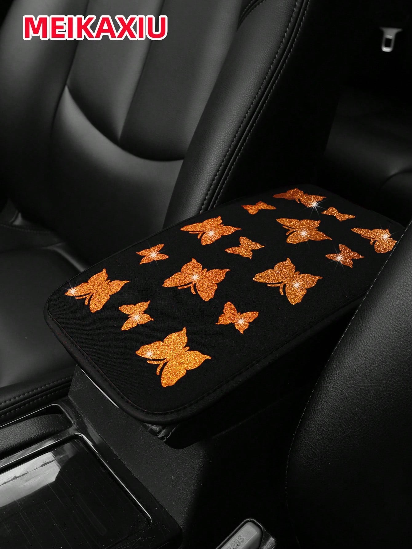 1pc MEIKAXIU Gorgeous Glitter Butterfly Fabric Waterproof Car Armrest Box Pad, 12.6" X 7.5", Auto Accessories For Women