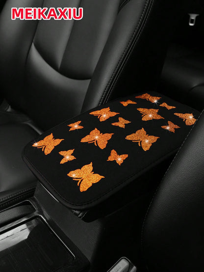 1pc MEIKAXIU Gorgeous Glitter Butterfly Fabric Waterproof Car Armrest Box Pad, 12.6" X 7.5", Auto Accessories For Women