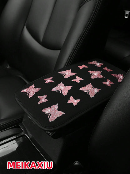 1pc MEIKAXIU Gorgeous Glitter Butterfly Fabric Waterproof Car Armrest Box Pad, 12.6" X 7.5", Auto Accessories For Women