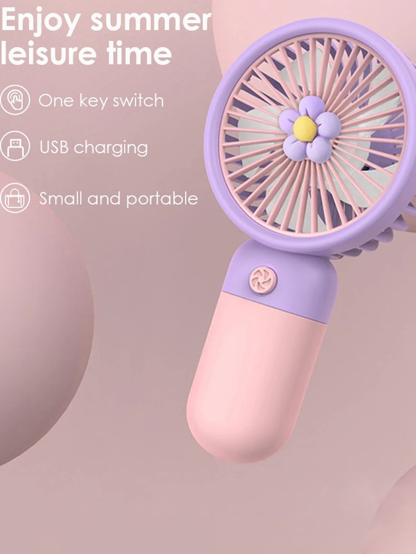 1pc Mini Cute Handheld Fan With USB Interface And Data Cable, Color Block Floral Design With 3D Stand, Powerful Airflow Portable Fan