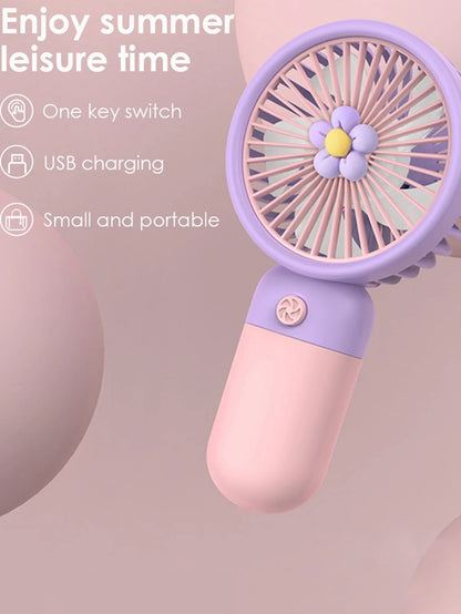 1pc Mini Cute Handheld Fan With USB Interface And Data Cable, Color Block Floral Design With 3D Stand, Powerful Airflow Portable Fan