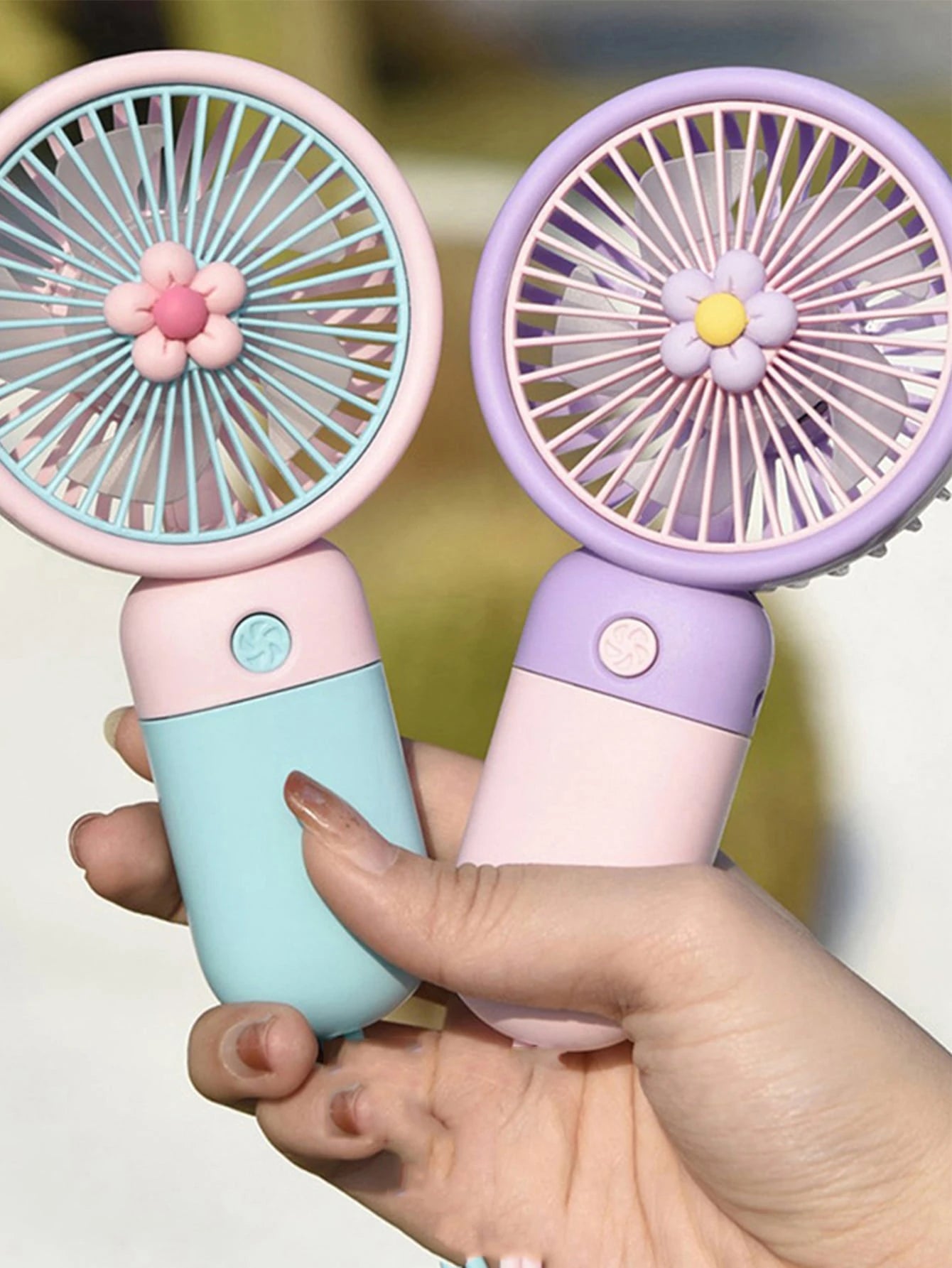 1pc Mini Cute Handheld Fan With USB Interface And Data Cable, Color Block Floral Design With 3D Stand, Powerful Airflow Portable Fan