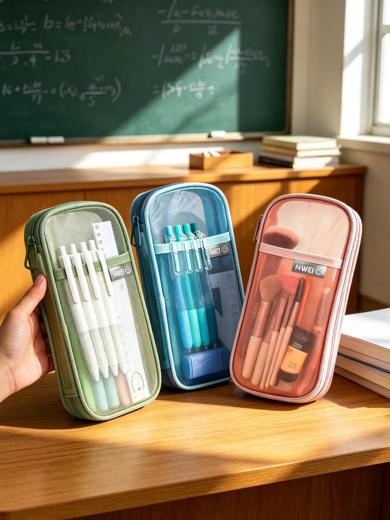 1pc Minimalist Oval Mesh Pencil Case Large Capacity Wide Mouth Stationery Storage Bag Durable Zipper Pouch For School Office Travel Work Student Supplies Organizer Portable Gift Box