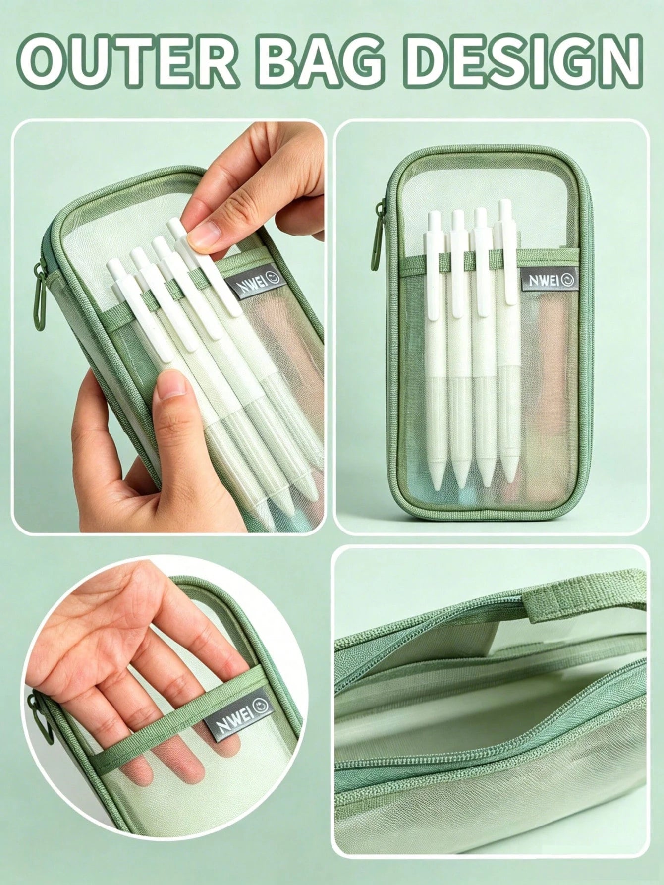 1pc Minimalist Oval Mesh Pencil Case Large Capacity Wide Mouth Stationery Storage Bag Durable Zipper Pouch For School Office Travel Work Student Supplies Organizer Portable Gift Box
