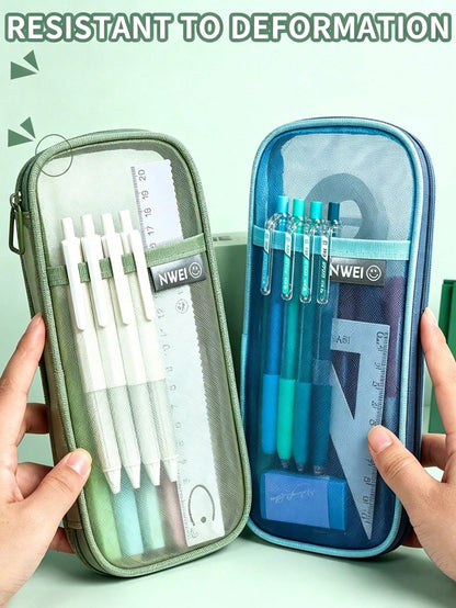 1pc Minimalist Oval Mesh Pencil Case Large Capacity Wide Mouth Stationery Storage Bag Durable Zipper Pouch For School Office Travel Work Student Supplies Organizer Portable Gift Box