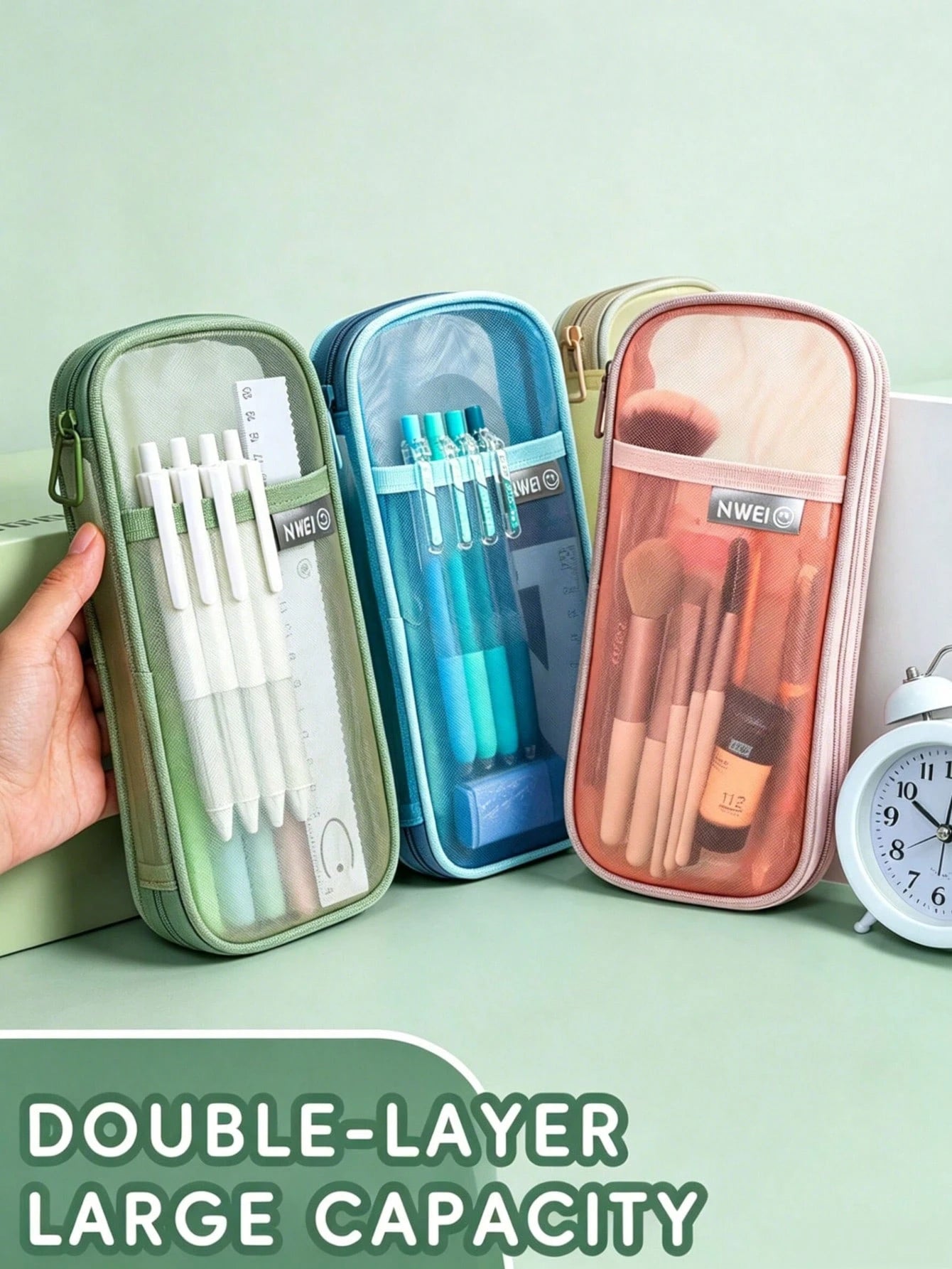 1pc Minimalist Oval Mesh Pencil Case Large Capacity Wide Mouth Stationery Storage Bag Durable Zipper Pouch For School Office Travel Work Student Supplies Organizer Portable Gift Box