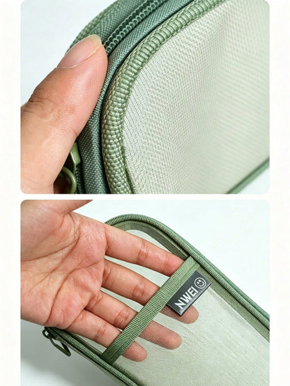 1pc Minimalist Oval Mesh Pencil Case Large Capacity Wide Mouth Stationery Storage Bag Durable Zipper Pouch For School Office Travel Work Student Supplies Organizer Portable Gift Box