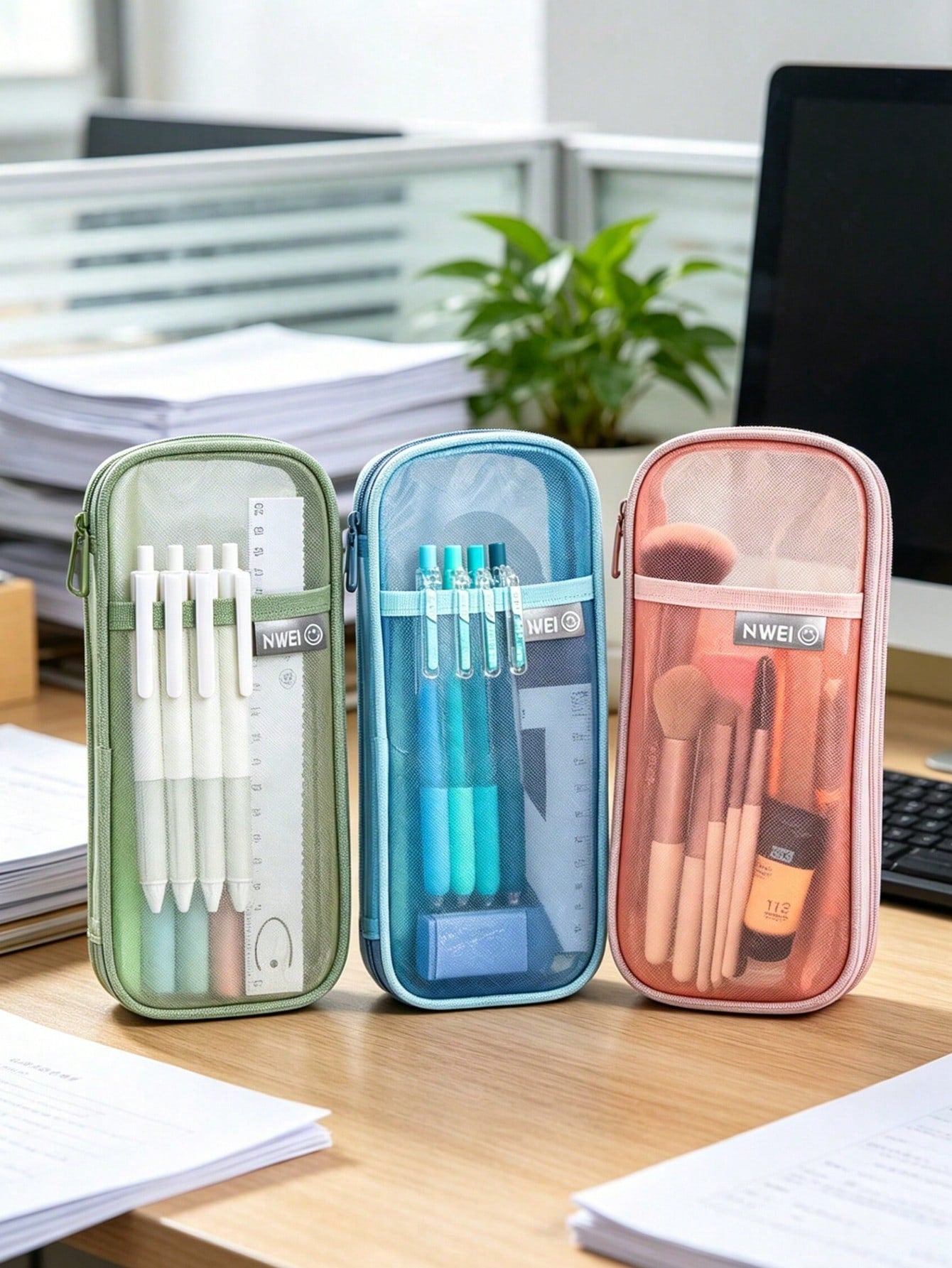 1pc Minimalist Oval Mesh Pencil Case Large Capacity Wide Mouth Stationery Storage Bag Durable Zipper Pouch For School Office Travel Work Student Supplies Organizer Portable Gift Box