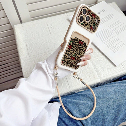 1pc Minimalist Viral Style Cocoa Card Slot Brown Leopard Print Phone Case, Pink & Black Contrast Print Anti-Loss Hand Strap Shell, Same Style Retro Sweet & Cool Shockproof Soft Case With Matching Wris