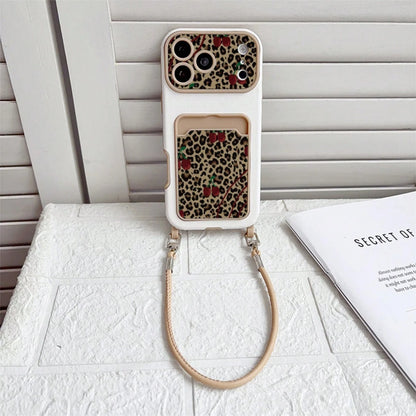 1pc Minimalist Viral Style Cocoa Card Slot Brown Leopard Print Phone Case, Pink & Black Contrast Print Anti-Loss Hand Strap Shell, Same Style Retro Sweet & Cool Shockproof Soft Case With Matching Wris