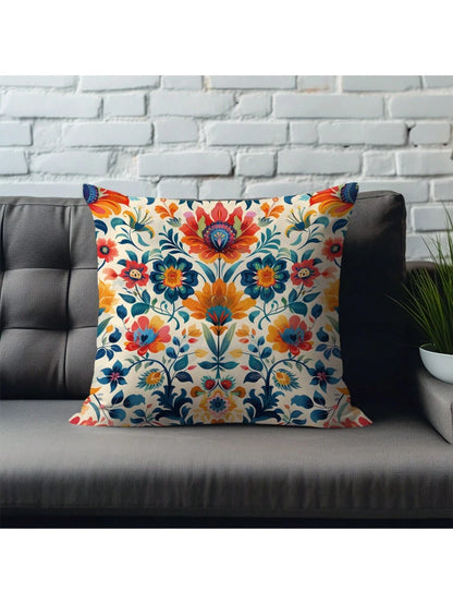 1pc Morris Pattern Printed Orange & Blue Cushion Cover With Peach Skin Texture Material, 45*45CM/18*18inch Pillowcase For Modern Fabric Sofa Indoor Decor & Party Decorations