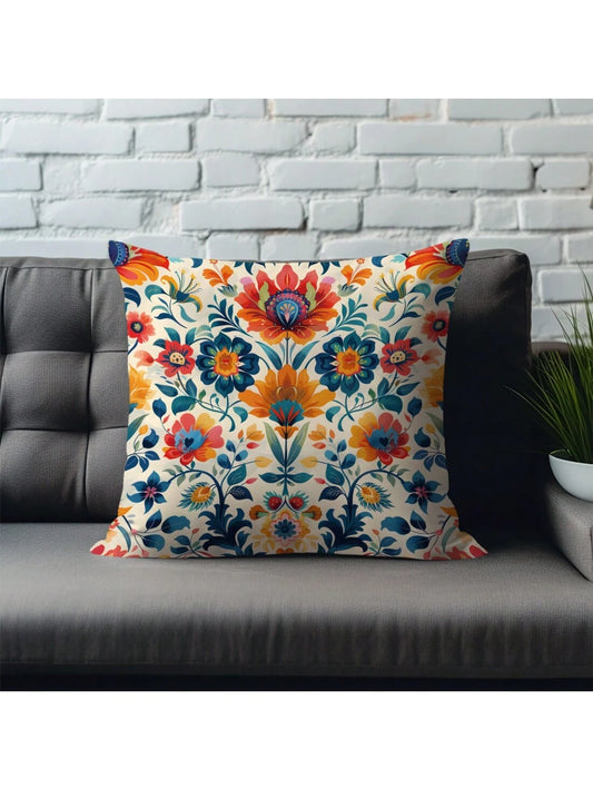1pc Morris Pattern Printed Orange & Blue Cushion Cover With Peach Skin Texture Material, 45*45CM/18*18inch Pillowcase For Modern Fabric Sofa Indoor Decor & Party Decorations