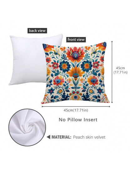 1pc Morris Pattern Printed Orange & Blue Cushion Cover With Peach Skin Texture Material, 45*45CM/18*18inch Pillowcase For Modern Fabric Sofa Indoor Decor & Party Decorations