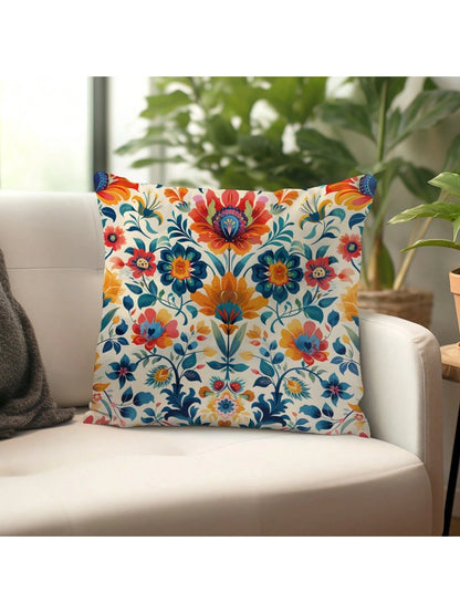 1pc Morris Pattern Printed Orange & Blue Cushion Cover With Peach Skin Texture Material, 45*45CM/18*18inch Pillowcase For Modern Fabric Sofa Indoor Decor & Party Decorations