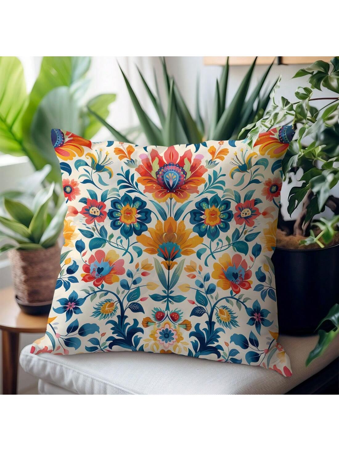 1pc Morris Pattern Printed Orange & Blue Cushion Cover With Peach Skin Texture Material, 45*45CM/18*18inch Pillowcase For Modern Fabric Sofa Indoor Decor & Party Decorations