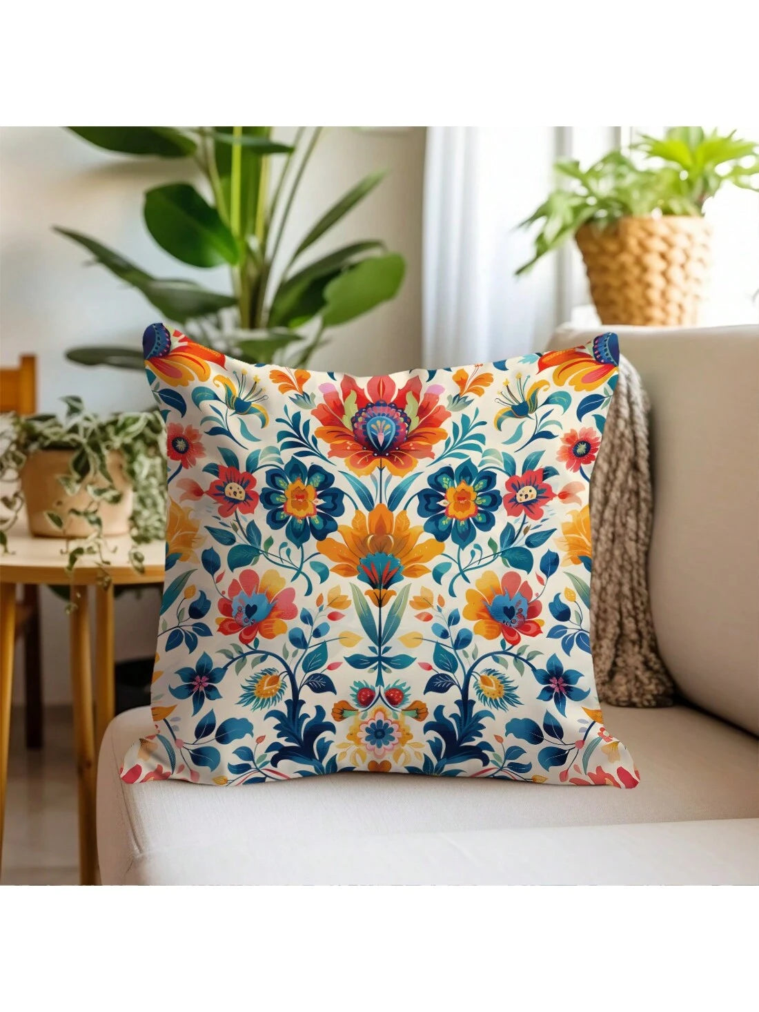 1pc Morris Pattern Printed Orange & Blue Cushion Cover With Peach Skin Texture Material, 45*45CM/18*18inch Pillowcase For Modern Fabric Sofa Indoor Decor & Party Decorations