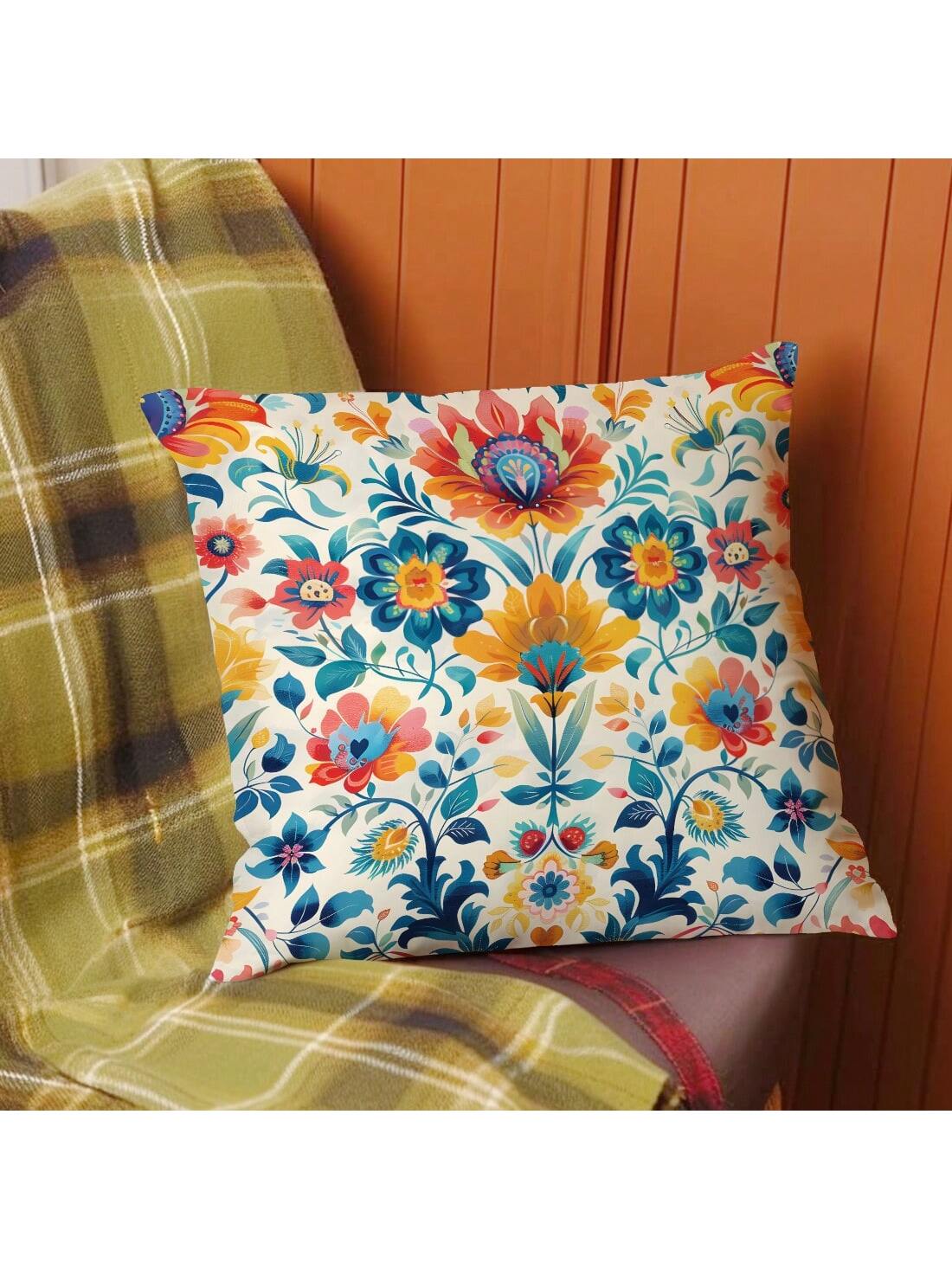 1pc Morris Pattern Printed Orange & Blue Cushion Cover With Peach Skin Texture Material, 45*45CM/18*18inch Pillowcase For Modern Fabric Sofa Indoor Decor & Party Decorations