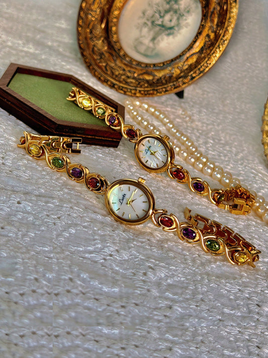 1pc New Luxury Colorful Beryl Gemstone & Crystal Embellished Vintage Elegant Fashion Women's Watch, Oval Pearl Dial, 30M Water Resistant, Suitable For Daily Wear, Parties, Vacations And Outings