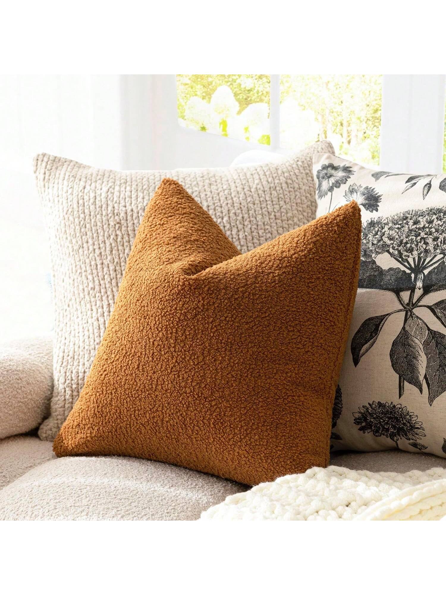 1pc Orange (Pillow Insert Not Included) Curly Fluffy Pillow Cover- Soft, Neutral Fluffy Plush Cushion Sham, Suitable For Sofa, Bedroom, Decor, All Seasons