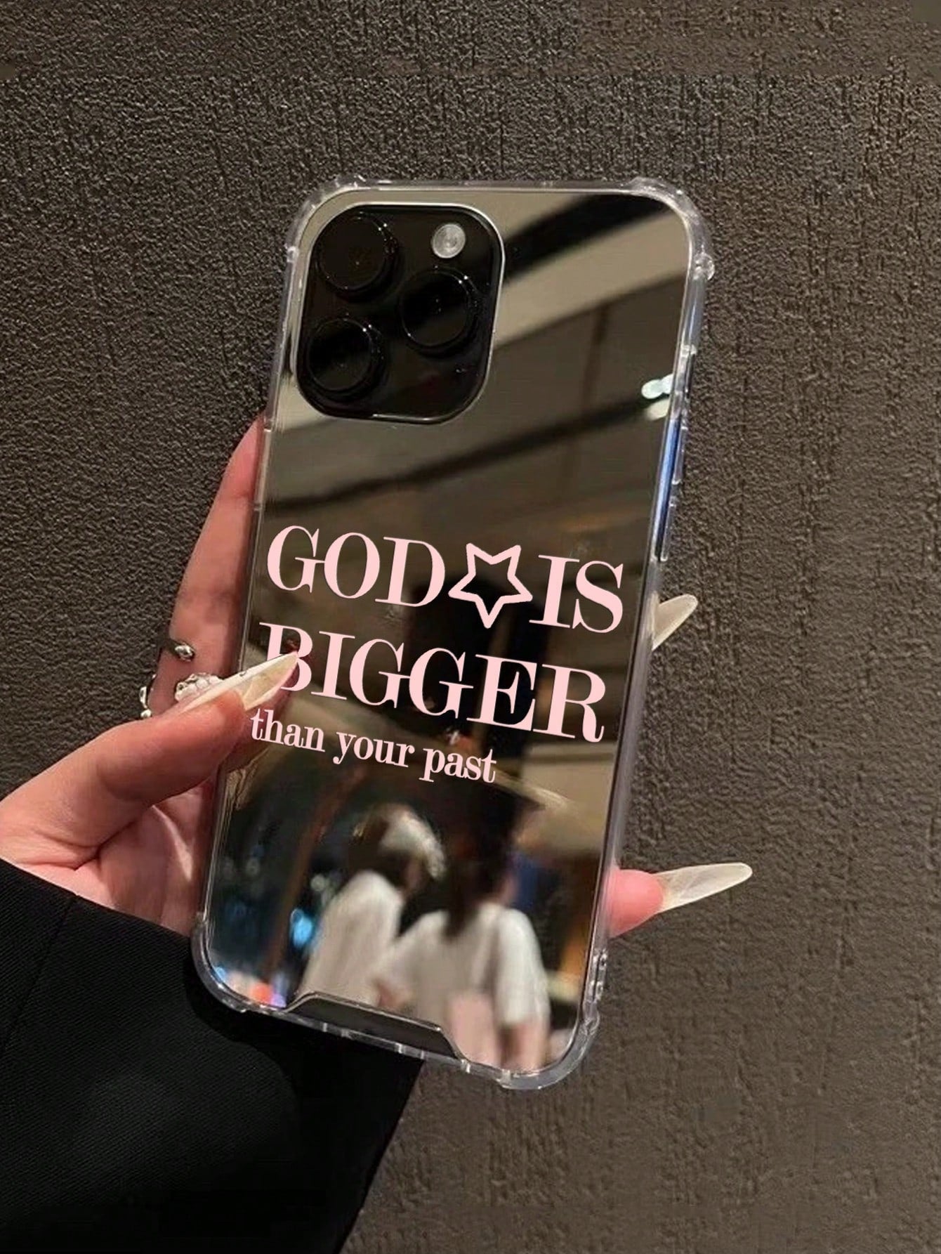 1pc Personalized Pink God Slogan Pattern Printed Mirror Acrylic Shockproof Phone Case, Compatible With 17/17pro/16/15/14/13/12/11/S25/S24/A54/A15/A14/A13, Aesthetic