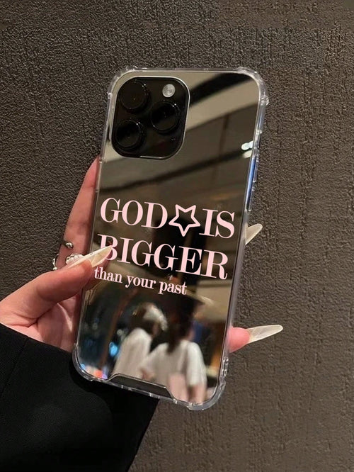 1pc Personalized Pink God Slogan Pattern Printed Mirror Acrylic Shockproof Phone Case, Compatible With 17/17pro/16/15/14/13/12/11/S25/S24/A54/A15/A14/A13, Aesthetic