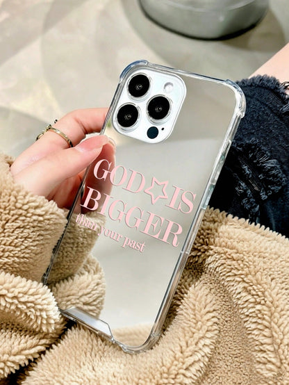 1pc Personalized Pink God Slogan Pattern Printed Mirror Acrylic Shockproof Phone Case, Compatible With 17/17pro/16/15/14/13/12/11/S25/S24/A54/A15/A14/A13, Aesthetic