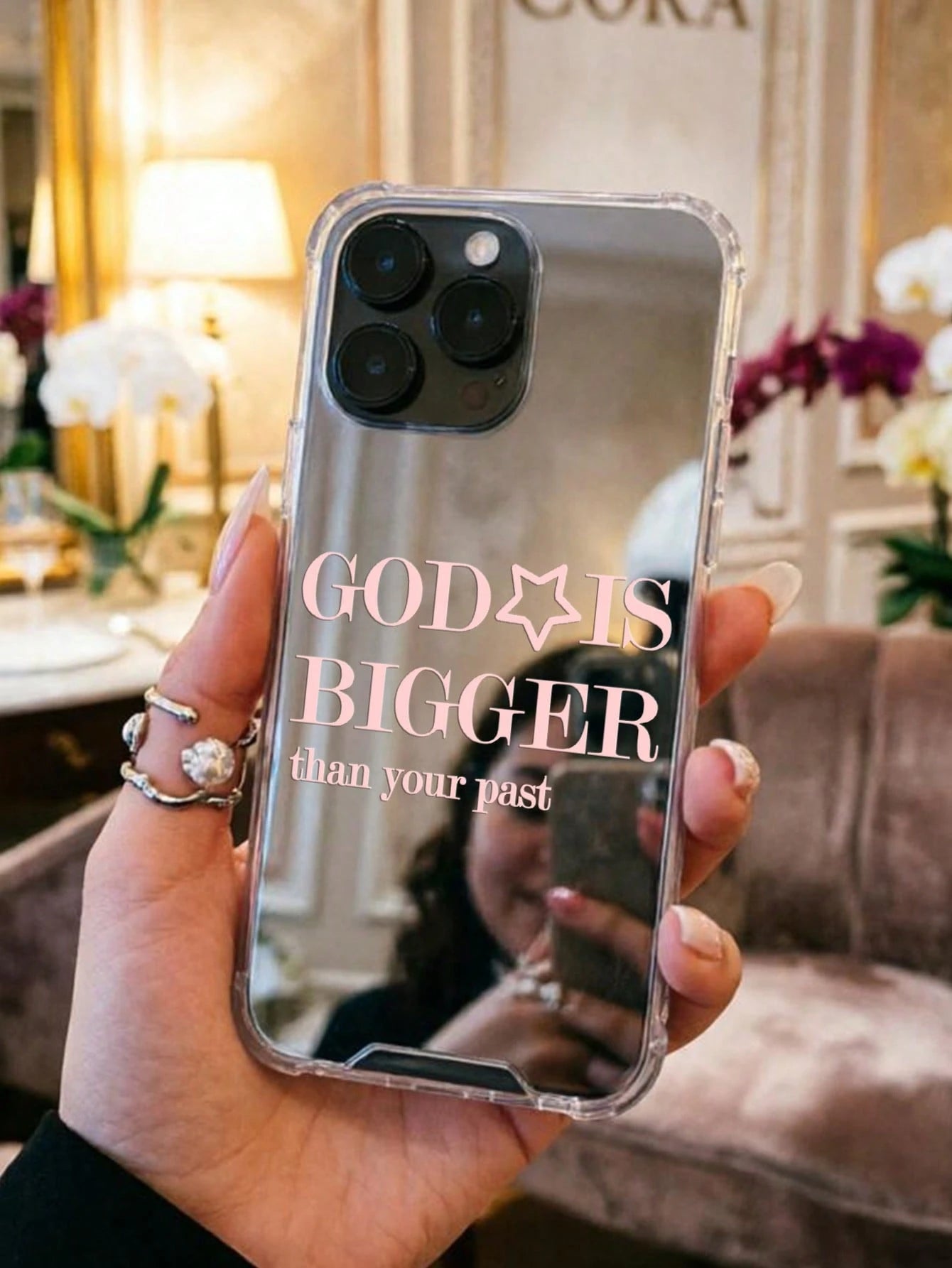 1pc Personalized Pink God Slogan Pattern Printed Mirror Acrylic Shockproof Phone Case, Compatible With 17/17pro/16/15/14/13/12/11/S25/S24/A54/A15/A14/A13, Aesthetic