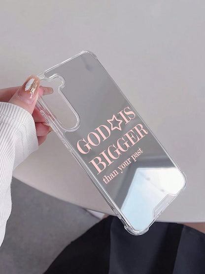 1pc Personalized Pink God Slogan Pattern Printed Mirror Acrylic Shockproof Phone Case, Compatible With 17/17pro/16/15/14/13/12/11/S25/S24/A54/A15/A14/A13, Aesthetic