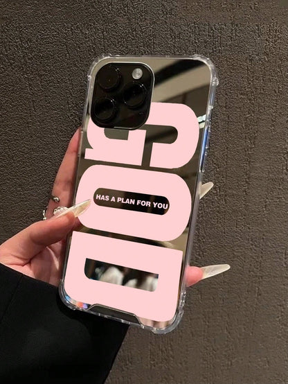 1pc Personalized Pink God Slogan Pattern Printed Mirror Acrylic Shockproof Phone Case, Compatible With 17/17pro/16/15/14/13/12/11/S25/S24/A54/A15/A14/A13, Aesthetic