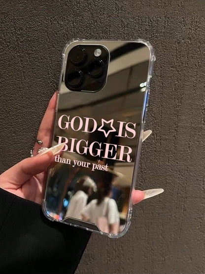 1pc Personalized Pink God Slogan Pattern Printed Mirror Acrylic Shockproof Phone Case, Compatible With 17/17pro/16/15/14/13/12/11/S25/S24/A54/A15/A14/A13, Aesthetic