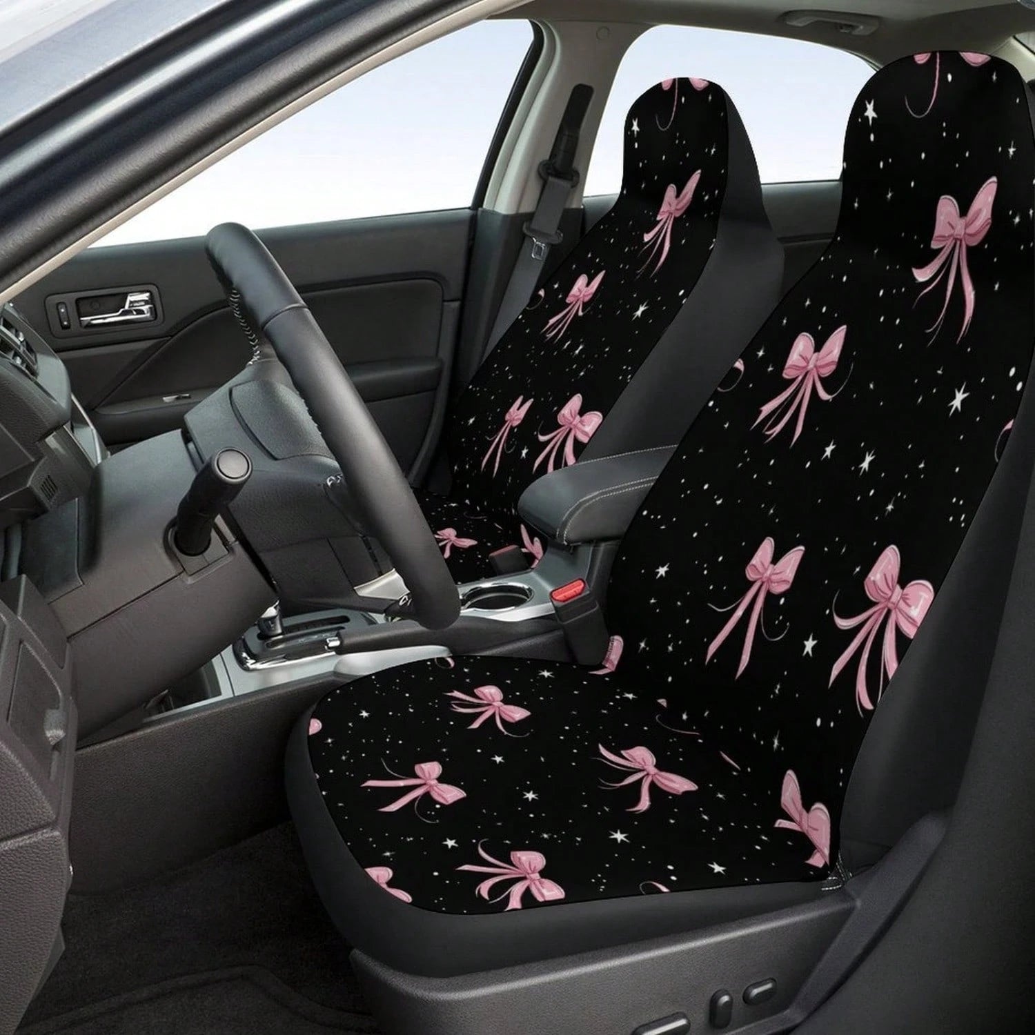 1PC Pink Bow Star Car Seat Covers, Aesthetic Coquette Black Pink Car Accessories, Unique Cute Bow Car Decor,Universal Car Seat Cushion Set,Suitable For Cars, SUVs, And Trucks,Perfect For Holiday Gift
