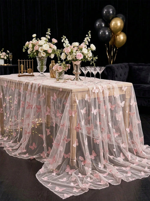 1pc Pink Butterfly Mesh Table Cloth, Double-Sided Polyester Lace Table Cover, Size 220*130cm, Wedding Decoration, Bridal Shower Decor, Birthday Party Decor, Banquet Table Decor, Anniversary Celebratio