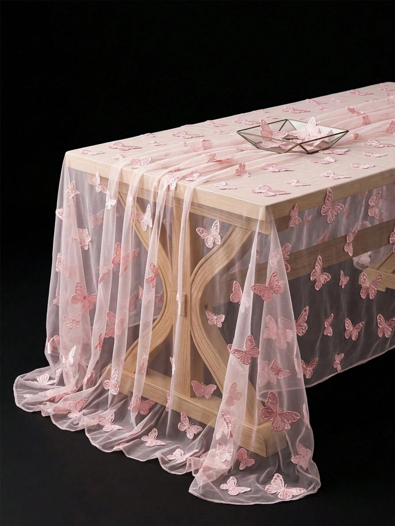 1pc Pink Butterfly Mesh Table Cloth, Double-Sided Polyester Lace Table Cover, Size 220*130cm, Wedding Decoration, Bridal Shower Decor, Birthday Party Decor, Banquet Table Decor, Anniversary Celebratio