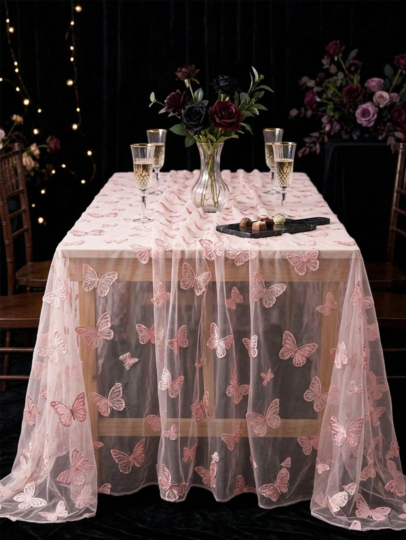 1pc Pink Butterfly Mesh Table Cloth, Double-Sided Polyester Lace Table Cover, Size 220*130cm, Wedding Decoration, Bridal Shower Decor, Birthday Party Decor, Banquet Table Decor, Anniversary Celebratio