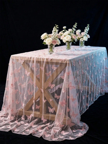 1pc Pink Butterfly Mesh Table Cloth, Double-Sided Polyester Lace Table Cover, Size 220*130cm, Wedding Decoration, Bridal Shower Decor, Birthday Party Decor, Banquet Table Decor, Anniversary Celebratio