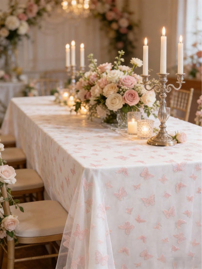 1pc Pink Butterfly Mesh Table Cloth, Double-Sided Polyester Lace Table Cover, Size 220*130cm, Wedding Decoration, Bridal Shower Decor, Birthday Party Decor, Banquet Table Decor, Anniversary Celebratio