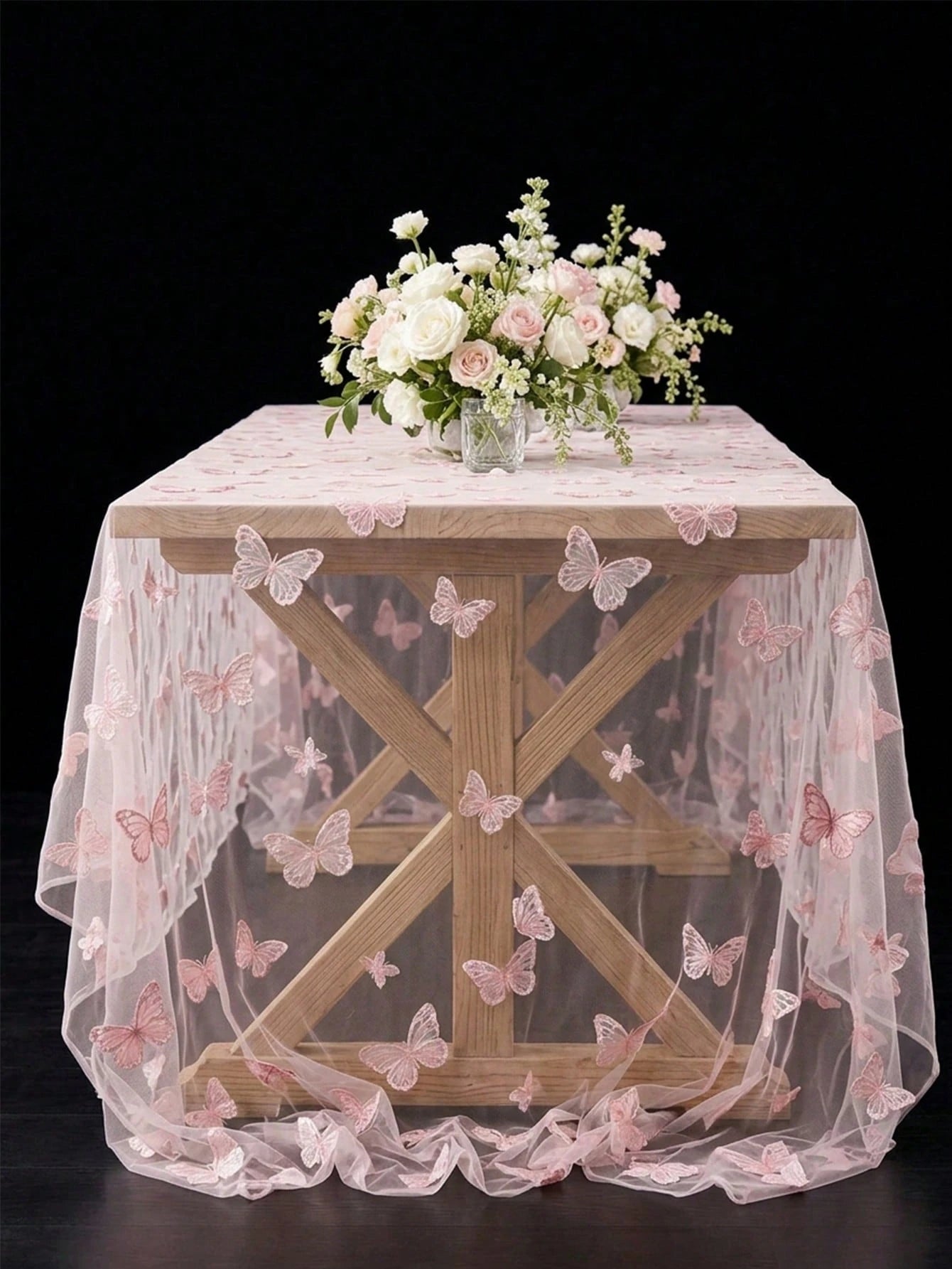 1pc Pink Butterfly Mesh Table Cloth, Double-Sided Polyester Lace Table Cover, Size 220*130cm, Wedding Decoration, Bridal Shower Decor, Birthday Party Decor, Banquet Table Decor, Anniversary Celebratio