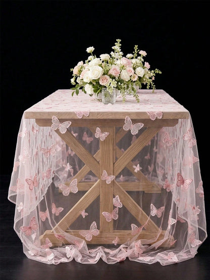 1pc Pink Butterfly Mesh Table Cloth, Double-Sided Polyester Lace Table Cover, Size 220*130cm, Wedding Decoration, Bridal Shower Decor, Birthday Party Decor, Banquet Table Decor, Anniversary Celebratio