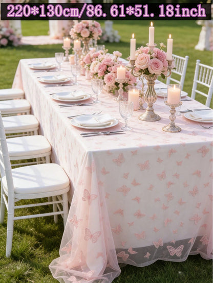 1pc Pink Butterfly Mesh Table Cloth, Double-Sided Polyester Lace Table Cover, Size 220*130cm, Wedding Decoration, Bridal Shower Decor, Birthday Party Decor, Banquet Table Decor, Anniversary Celebratio
